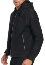 mens black leather hooded jacket