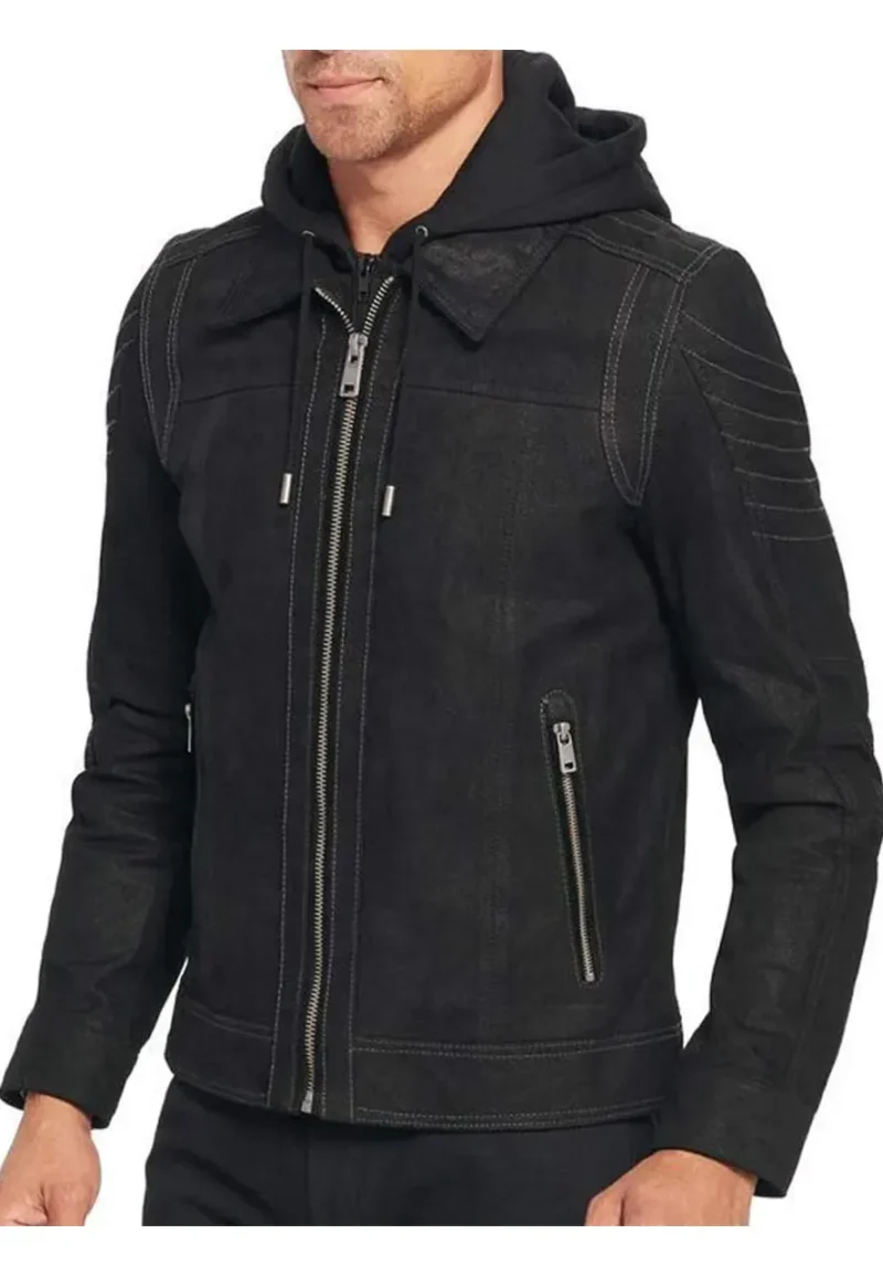 mens suede black hooded jacket