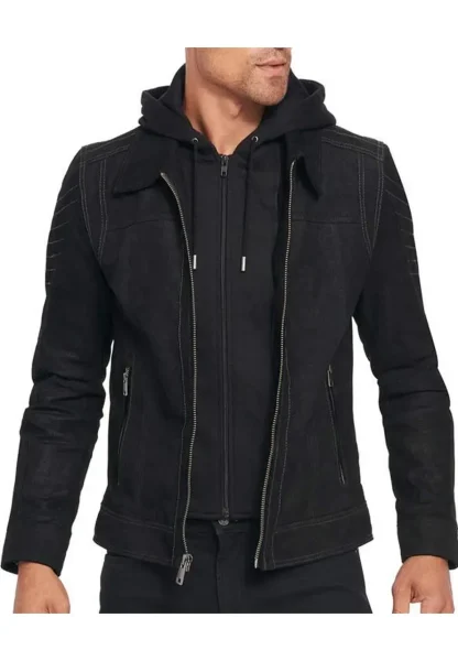 mens suede black leather hooded jacket