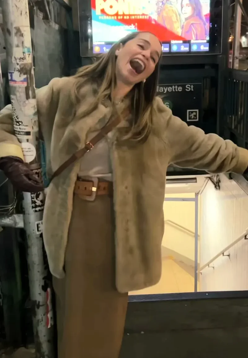 ponies emilia clarke faux fur coat