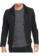 suede black leather hooded jacket