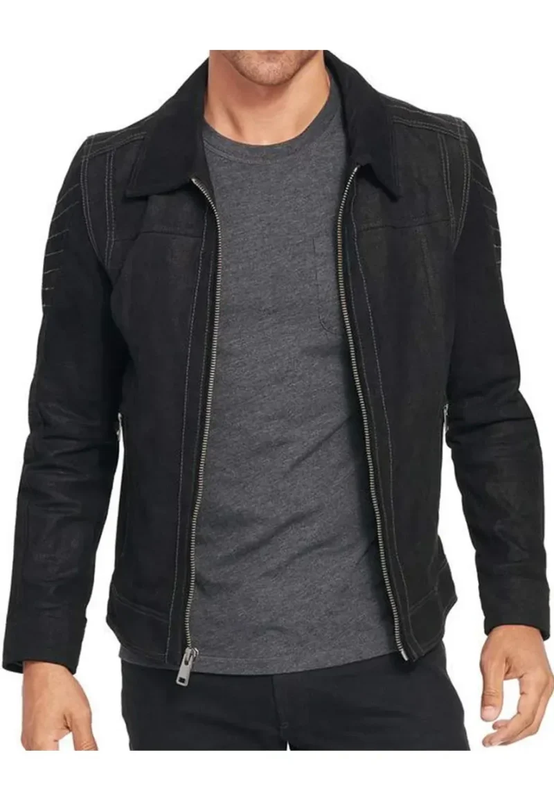 suede black leather hooded jacket