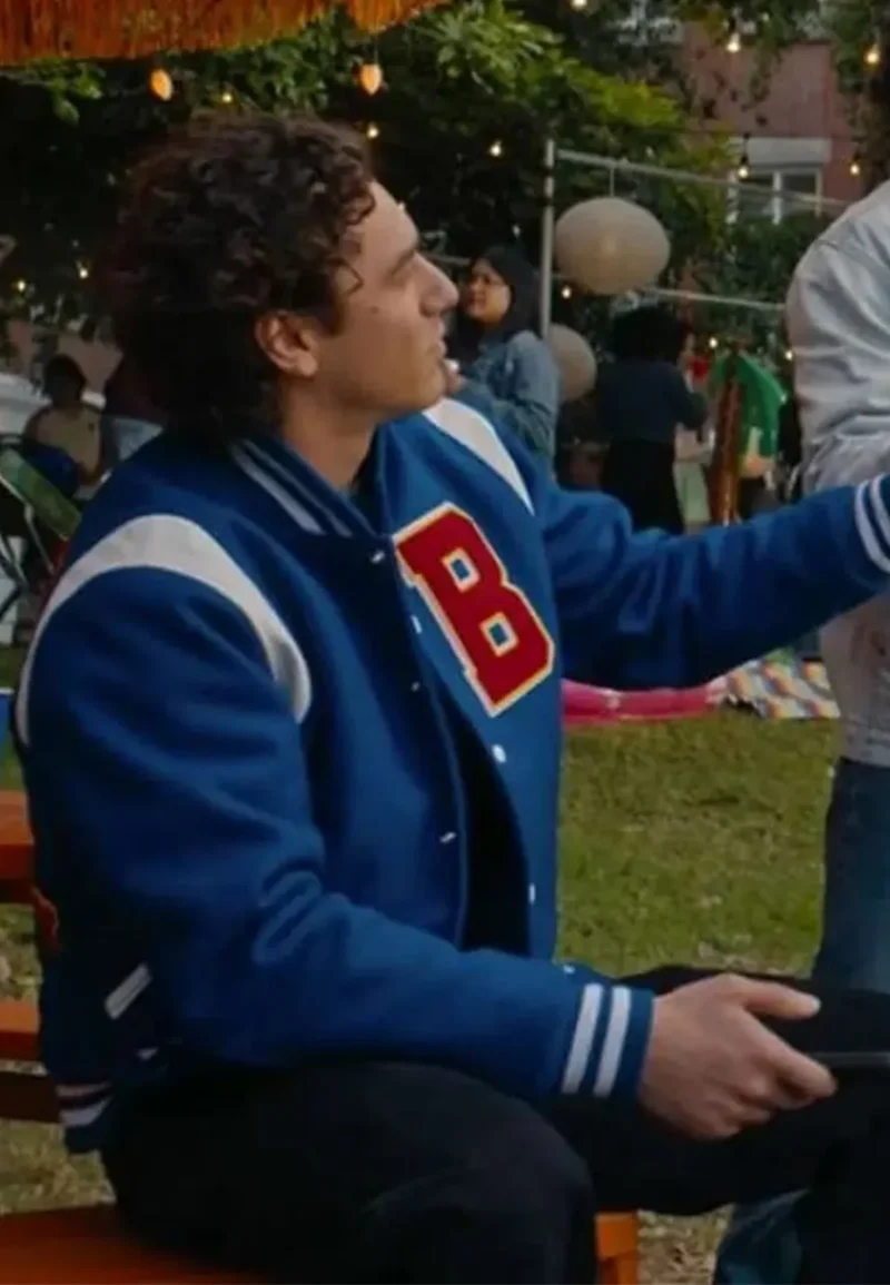 belmont cameli blue varsity jacket