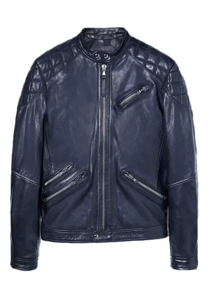 blue leather biker jacket