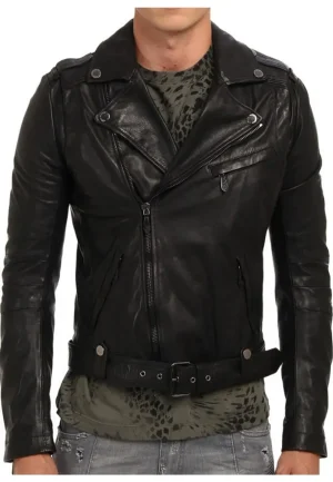 mens cropped biker black leather jacket