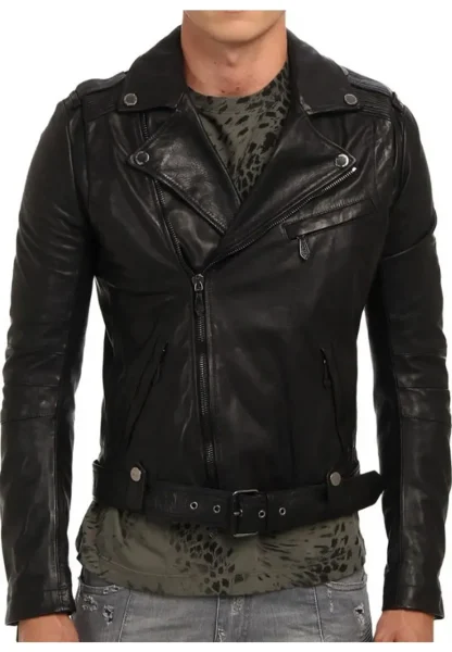 mens cropped biker black leather jacket