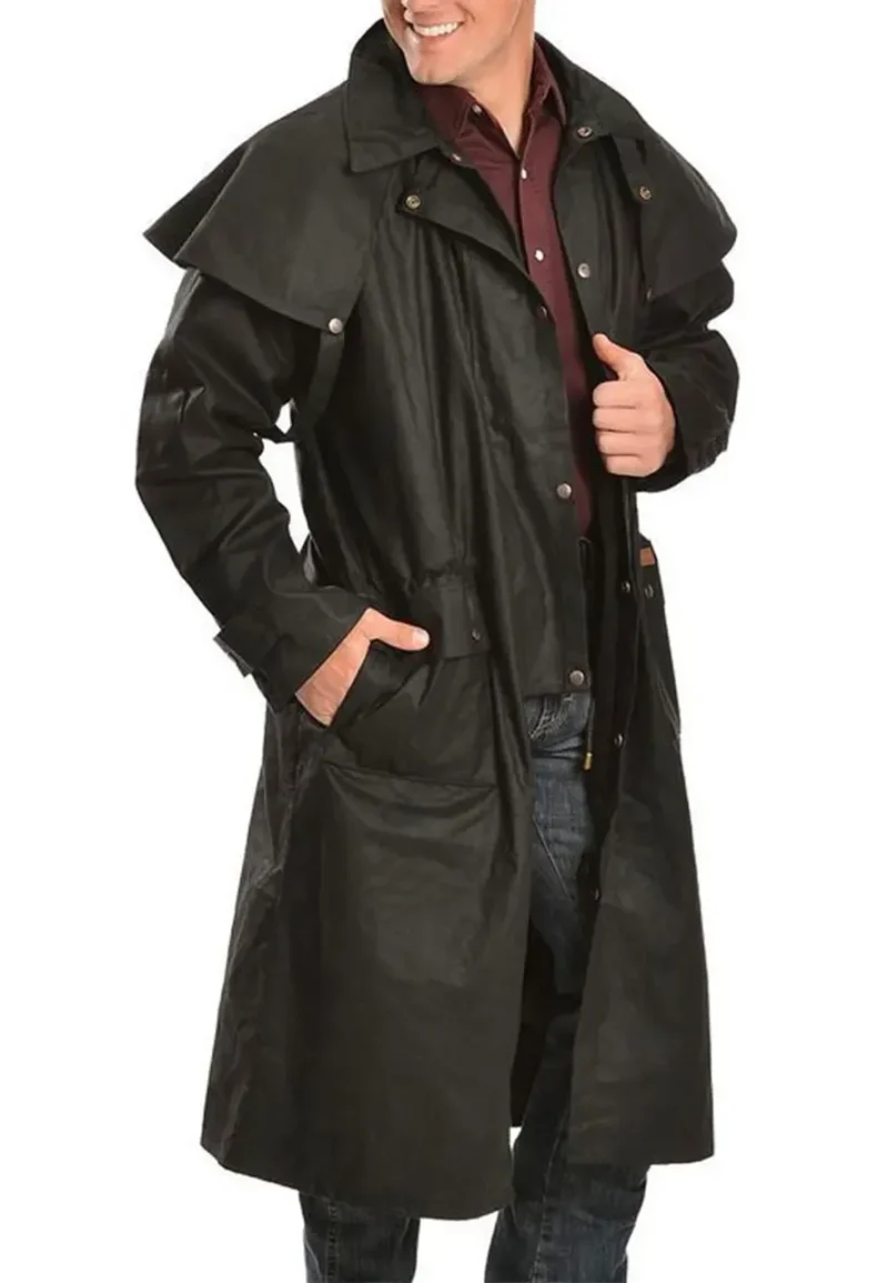 mens low ride cowboy black duster coat