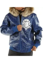 pelle pelle crest leather blue jacket with fur collar