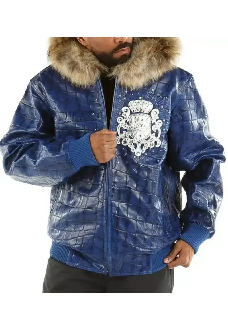 pelle pelle crest leather blue jacket with fur collar