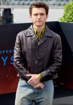 the odyssey photocall tom holland brown leather jacket