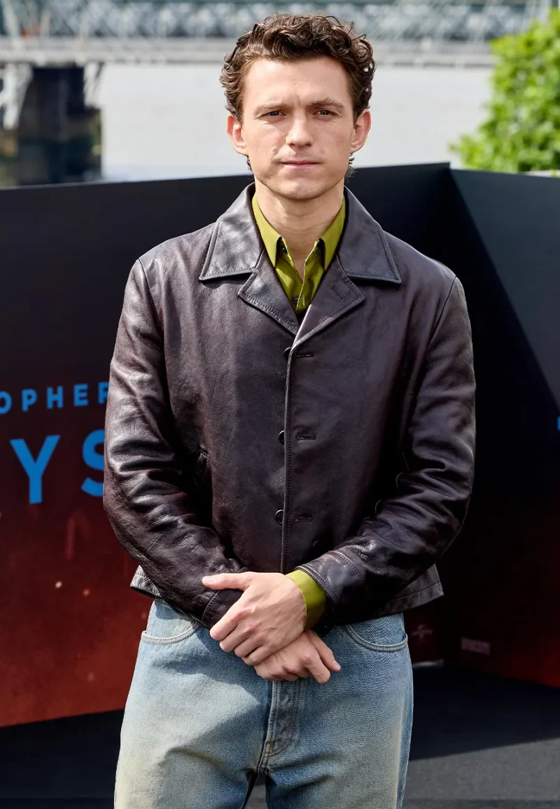 the odyssey photocall tom holland brown leather jacket