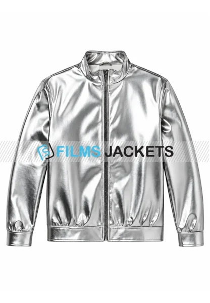 men metallic silver faux leather jacket