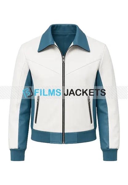 men white and blue bomber jacket