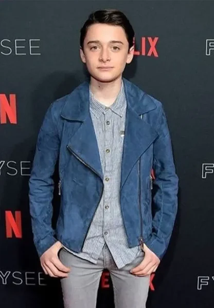 noah schnapp blue leather jacket
