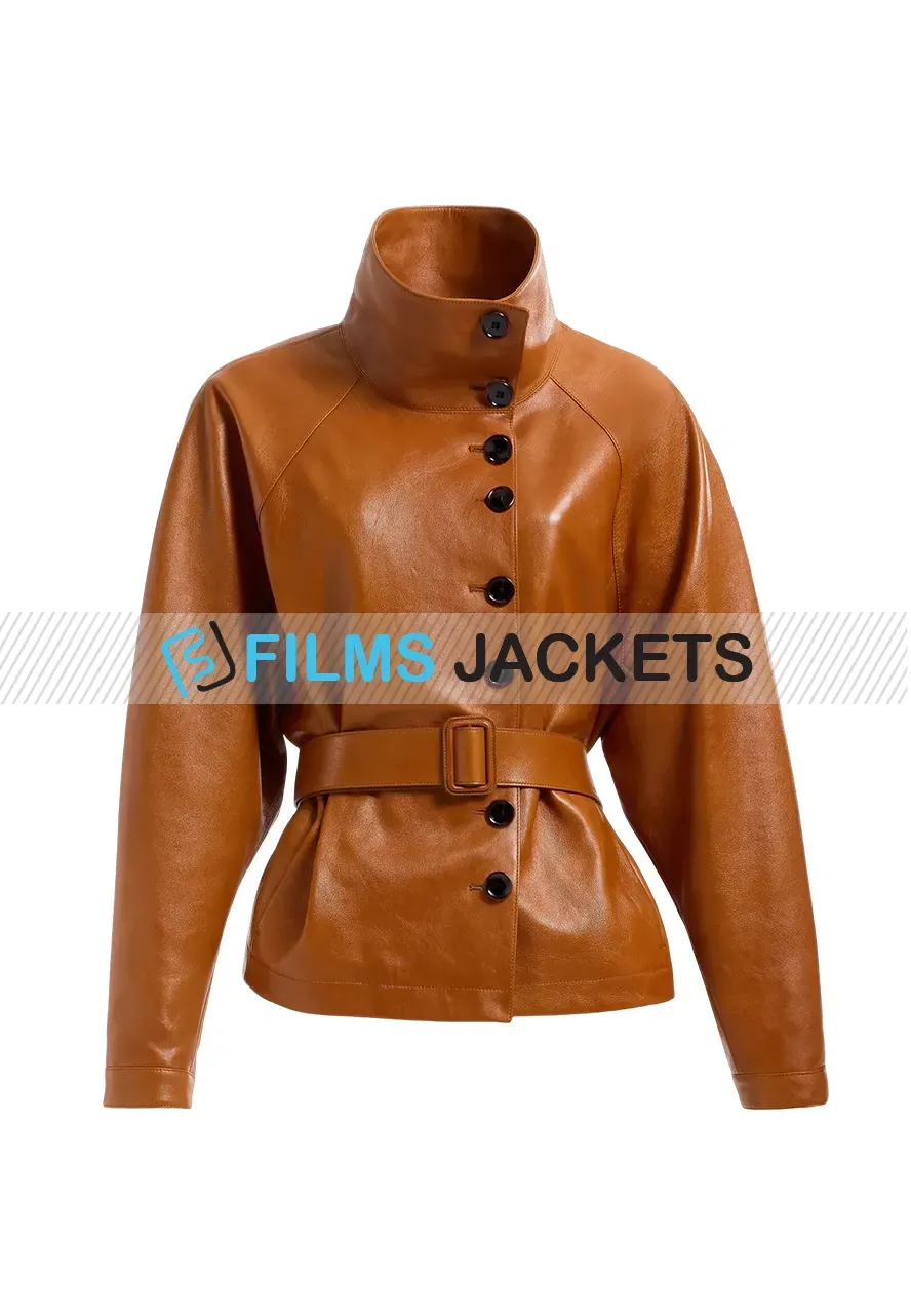 Women Brown High Neck Leather Jacket women brown leather jacket