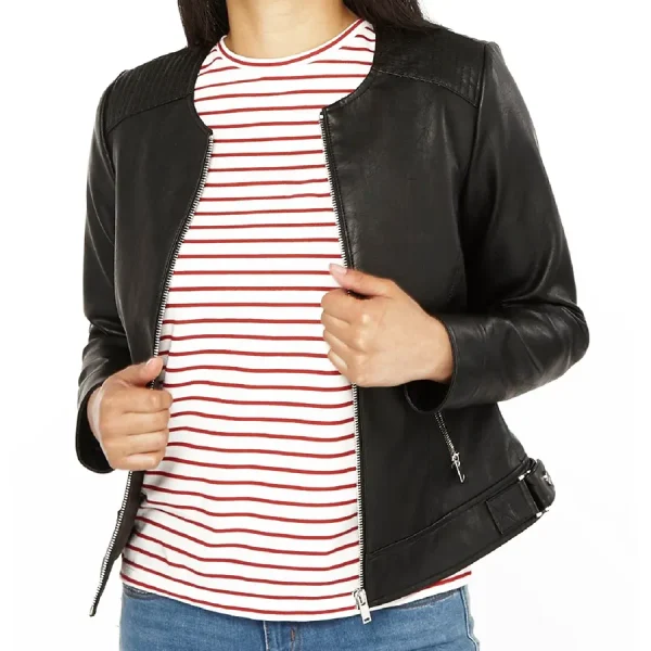 women-collarless-leather-jacket