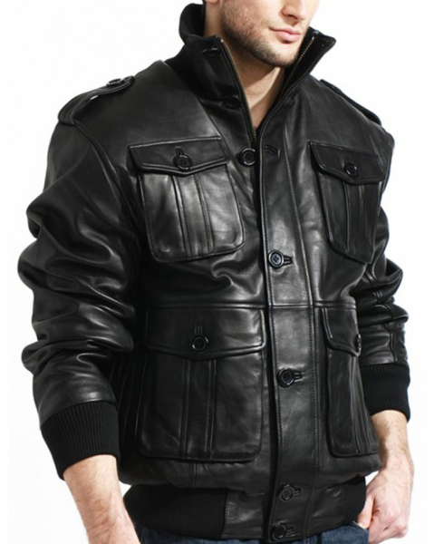 Men's 4 Pocket Black Leather Bomber Jacket