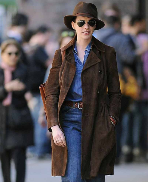 Anne Hathaway Brown Suede Leather Coat