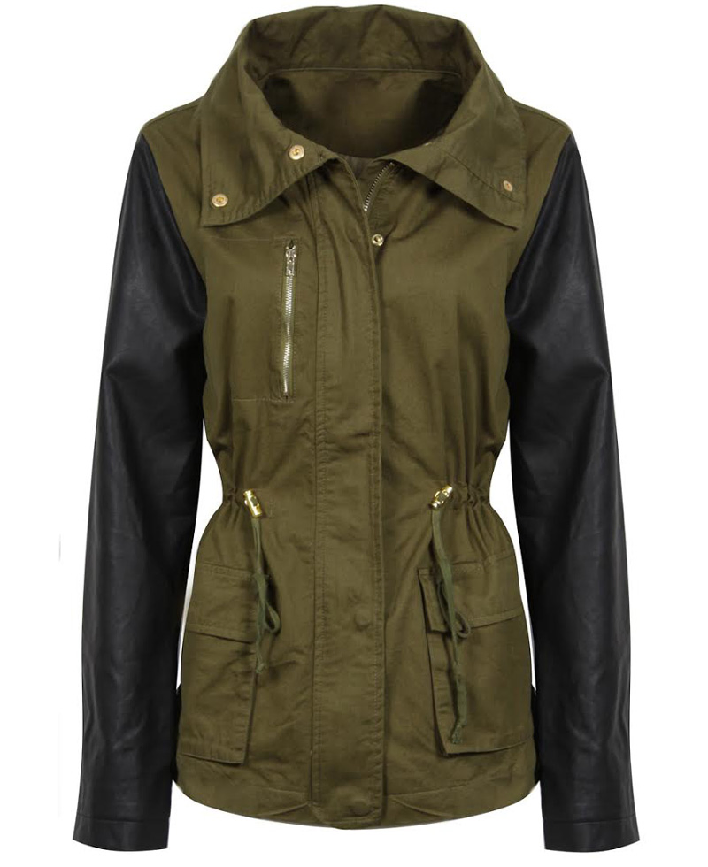 Women's Army Green Jacket with Black Leather Sleeves