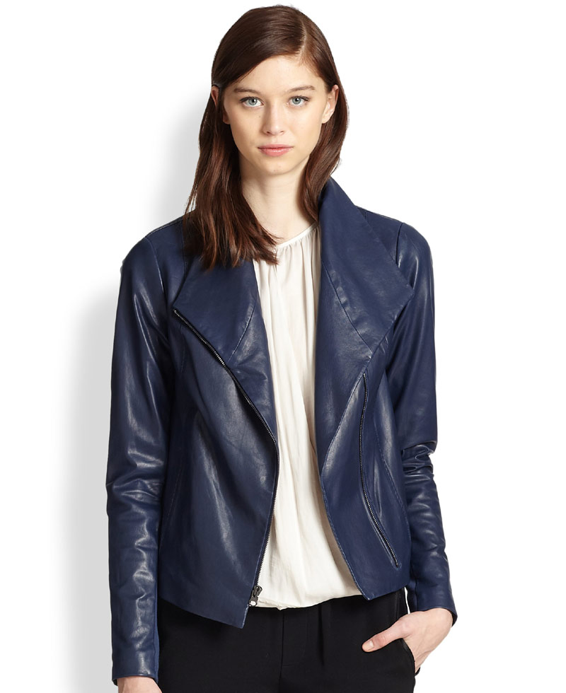 Women's Asymmetrical Blue Leather Scuba Jacket