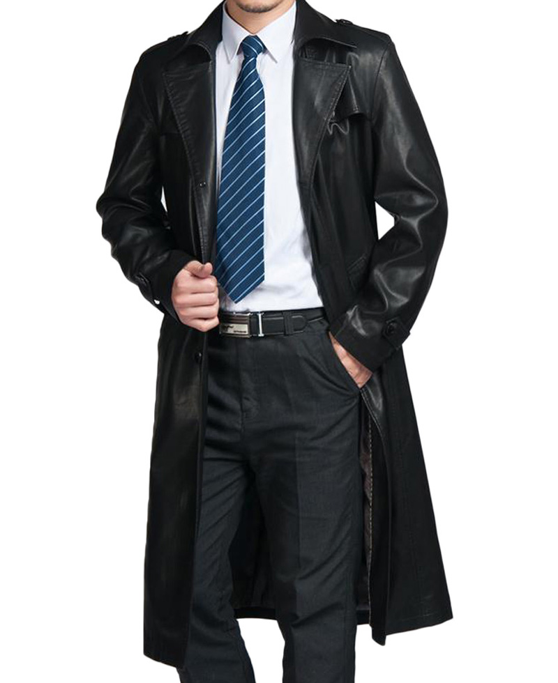 Men's Black Trench Coat with Fur Collar