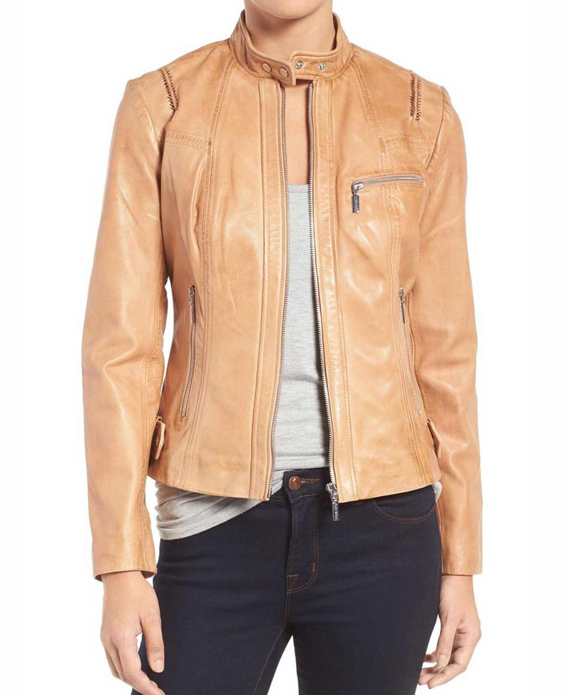 Women's Moto Tan Leather Jacket