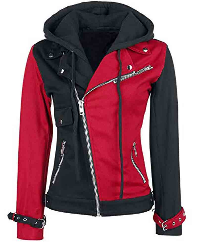 Women's Black and Red Harley Quinn Biker Hooded Jacket
