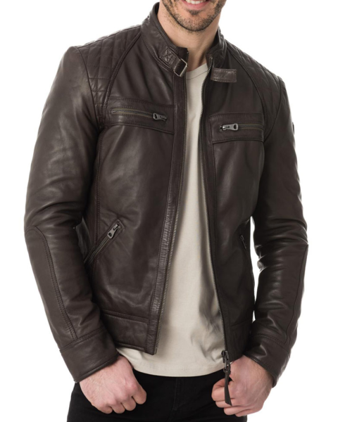 Men's Casual Wear Buckle Collar Brown Leather Jacket