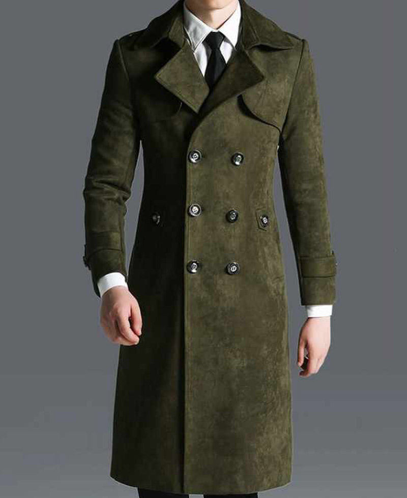 Men's Military Green Double Breasted Suede Leather Coat