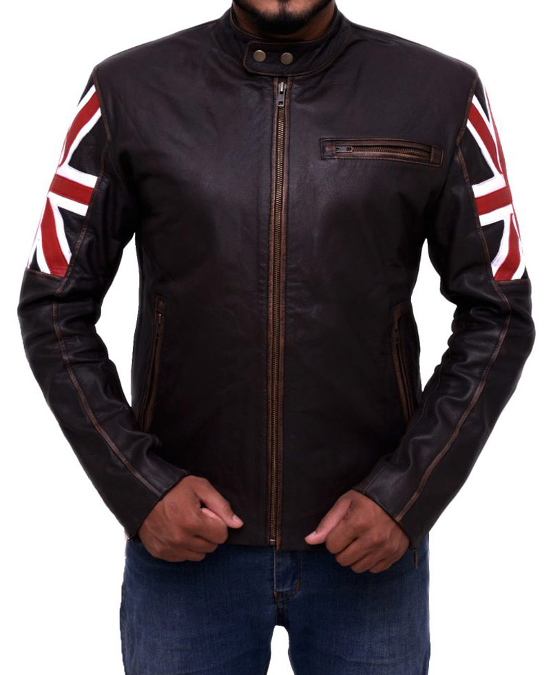 Men's British Flag Cafe Racer Brown Leather Jacket