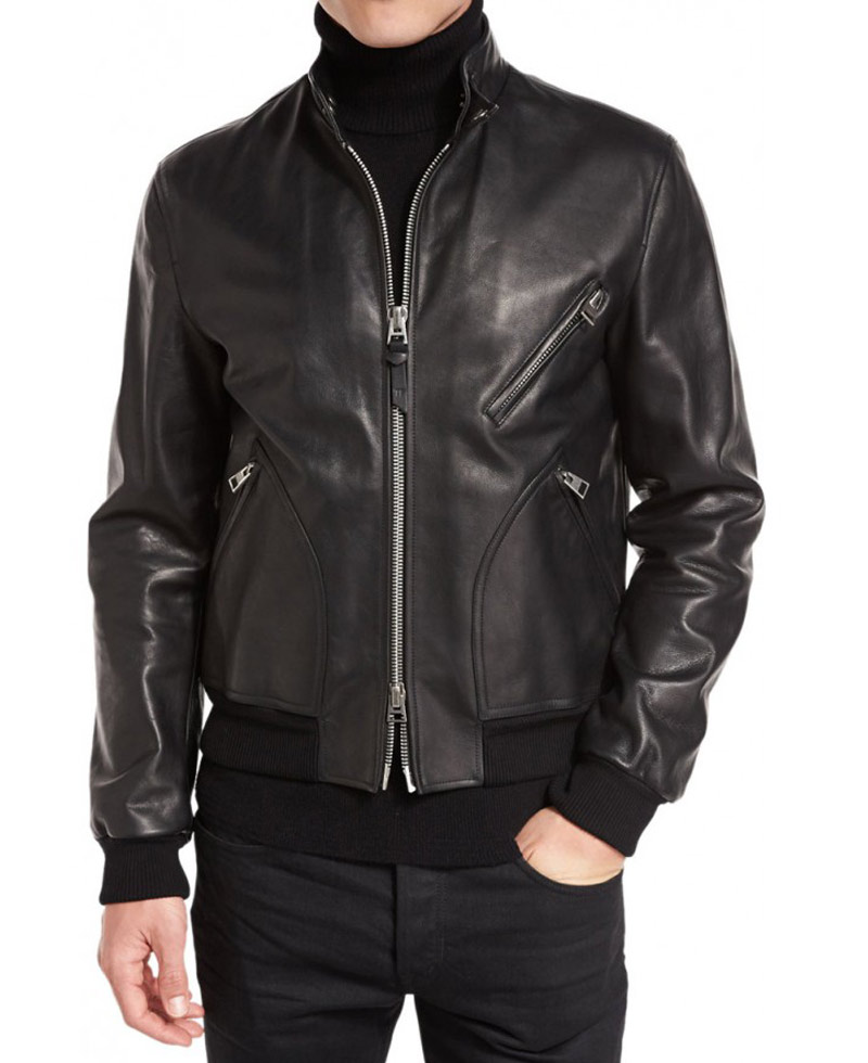 Men's Casual Snap Tab Collar Black Bomber Jacket