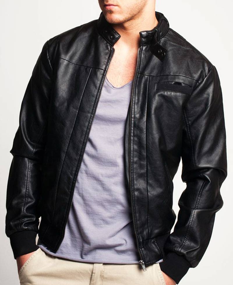 Men's Casual Snap Tab Collar Black Leather Bomber Jacket