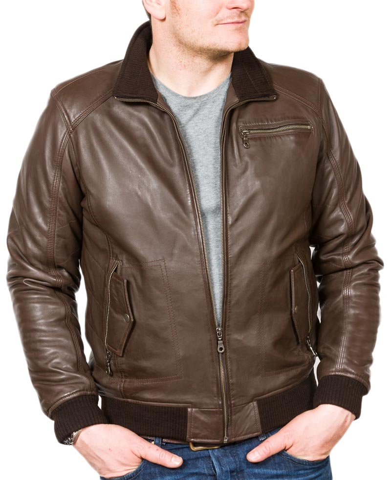 Men's Casual Brown Leather Bomber Jacket