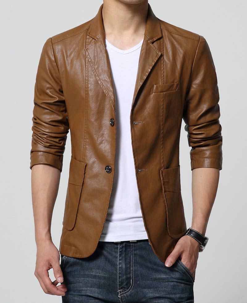 Slim Fit Casual Brown Leather Blazer for Men