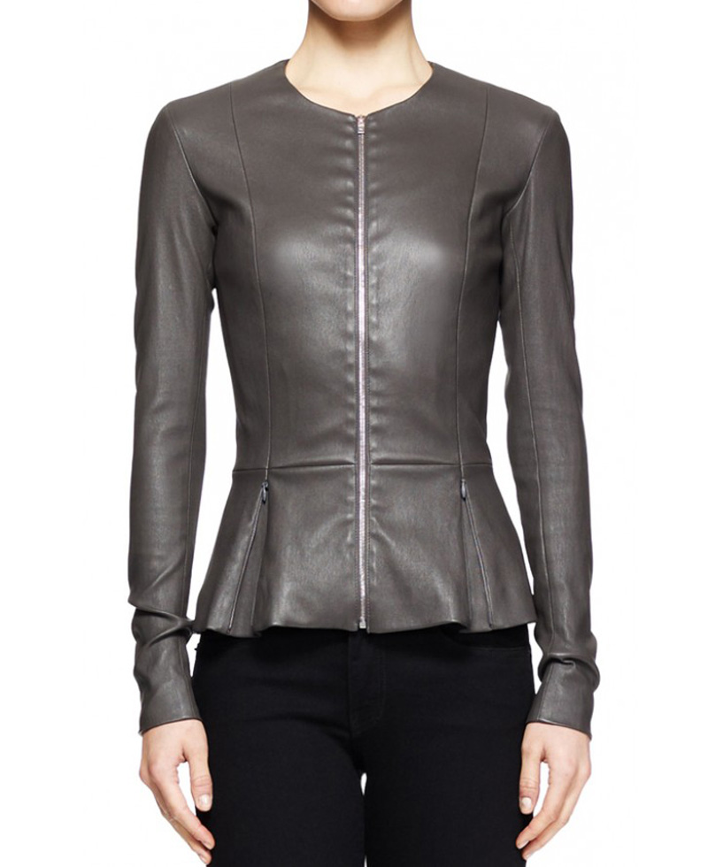 Charleston Tucker Peplum Gery Leather Jacket
