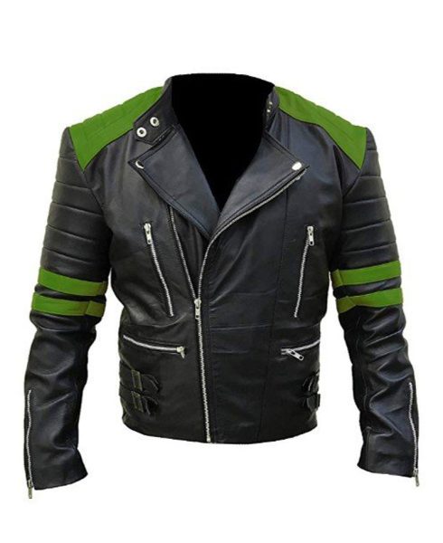 Men's Black and Green Brando Motorcycle Leather Jacket