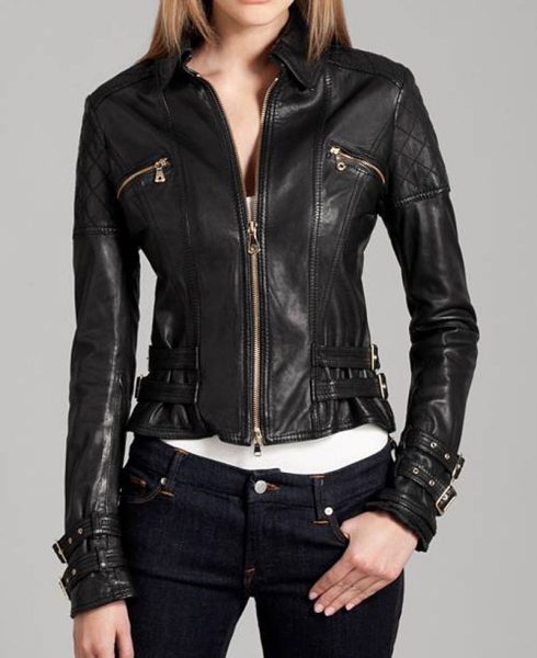 Women's Buckle Straps Design Black Leather Moto Jacket