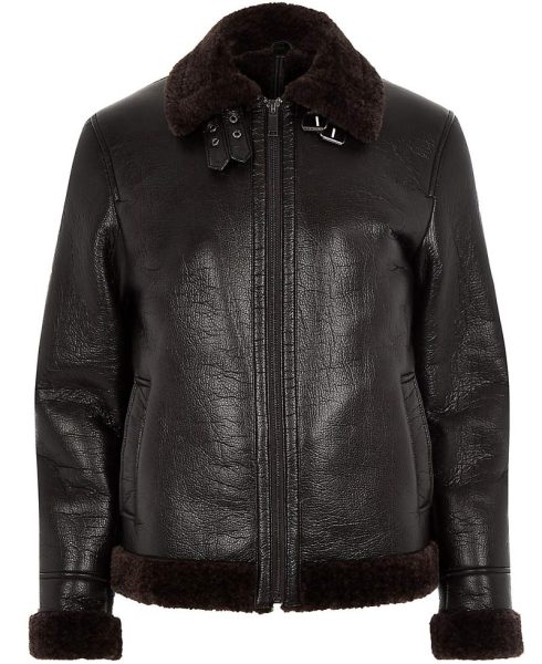 Men's Bomber Buckle Collar Dark Brown Leather Aviator Jacket