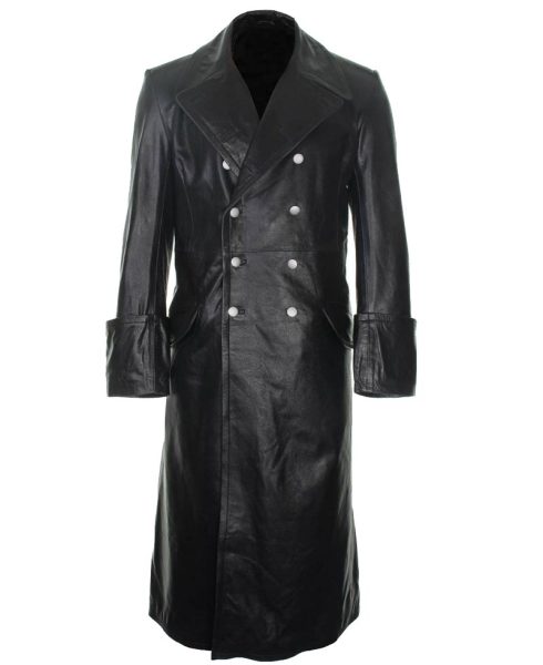 Men's German Officer SS Double Breasted Black Leather Coat