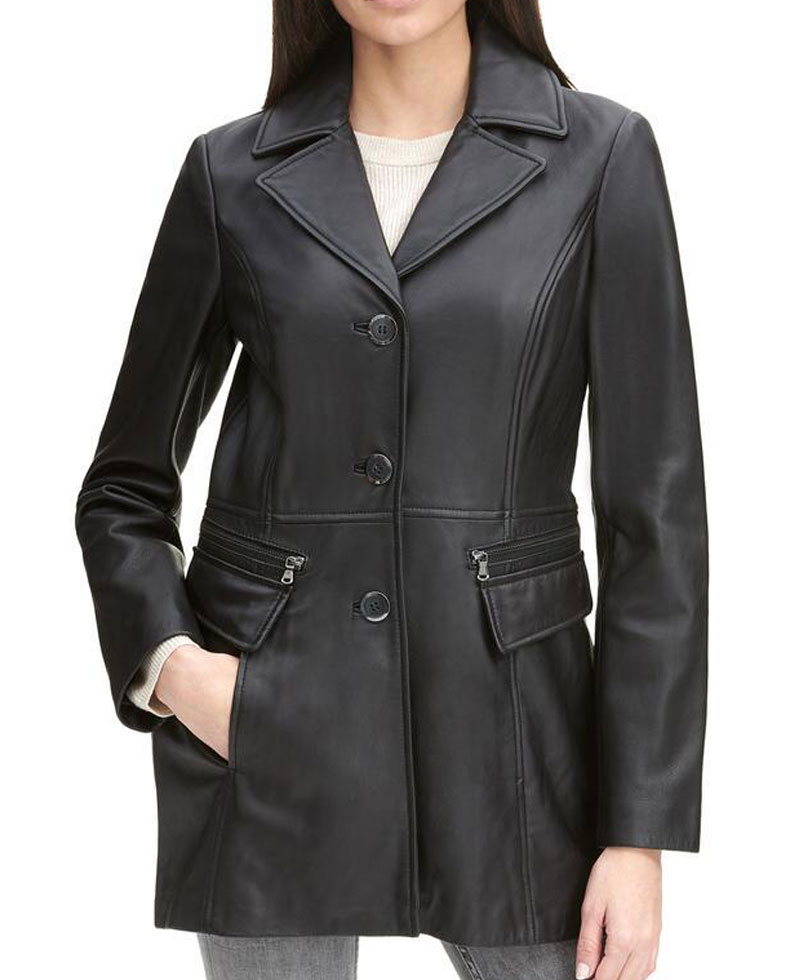 Ladies Button Front Black Leather Jacket