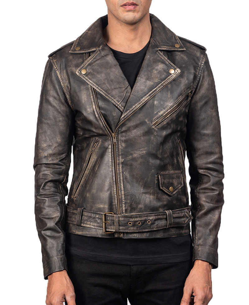 Men's Aged Asymmetrical Distressed Brown Leather Jacket