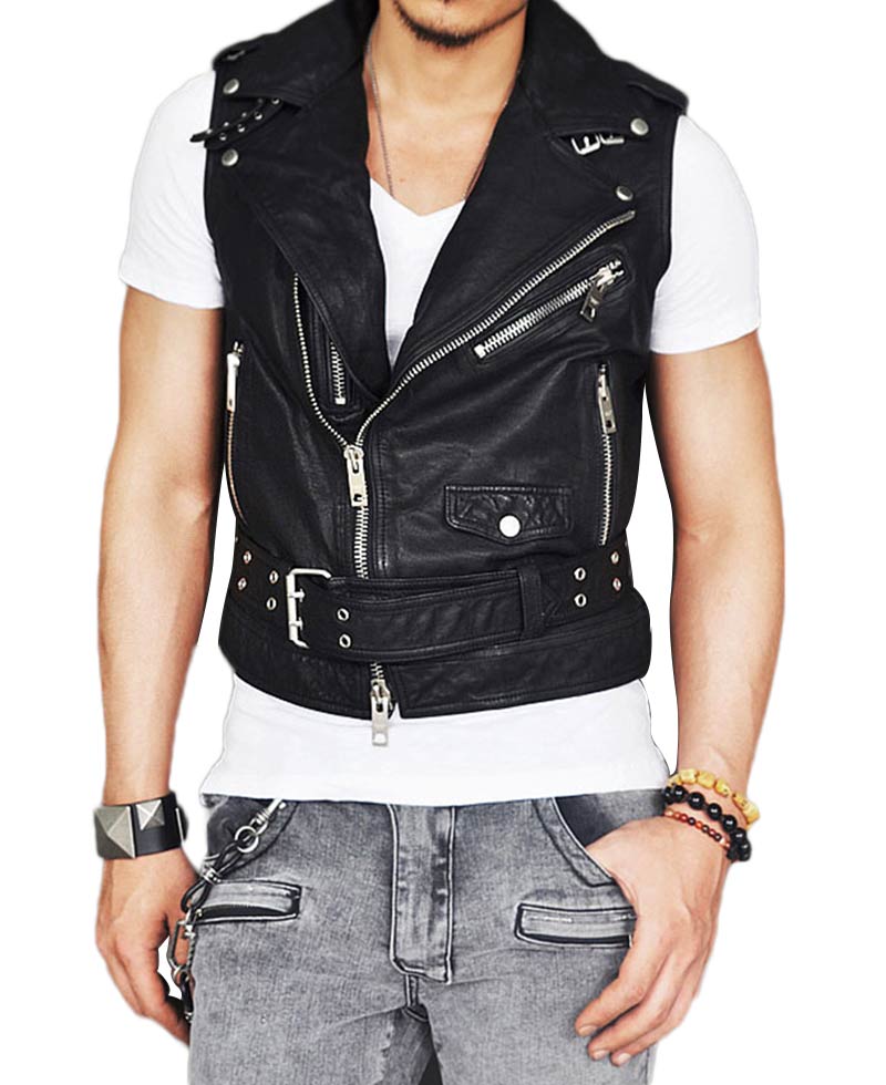 Men's Belted Asymmetrical Zipper Black Leather Vest