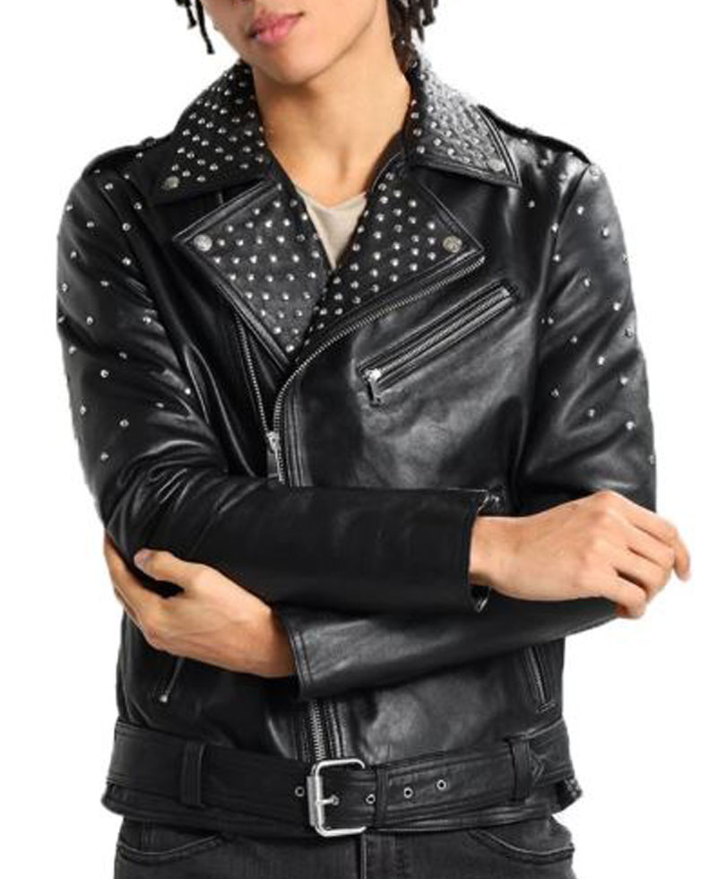 Men's FJM594 Studded Asymmetrical Belted Black Leather Jacket
