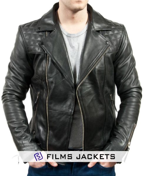 Men's Asymmetrical Zipper Cow Hide Black Leather Moto Jacket