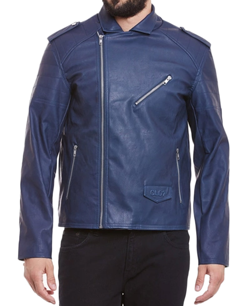 Men's Navy Blue Asymmetrical Leather Jacket