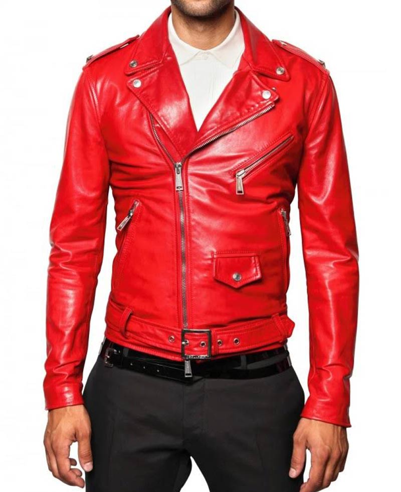 Men's Belted Asymmetrical Zipper Red Leather Motorcycle Jacket