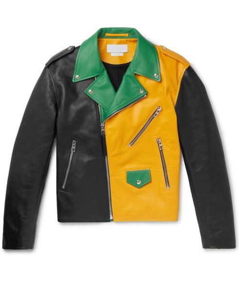 Men's Motorcycle Asymmetrical Color Block Leather Jacket