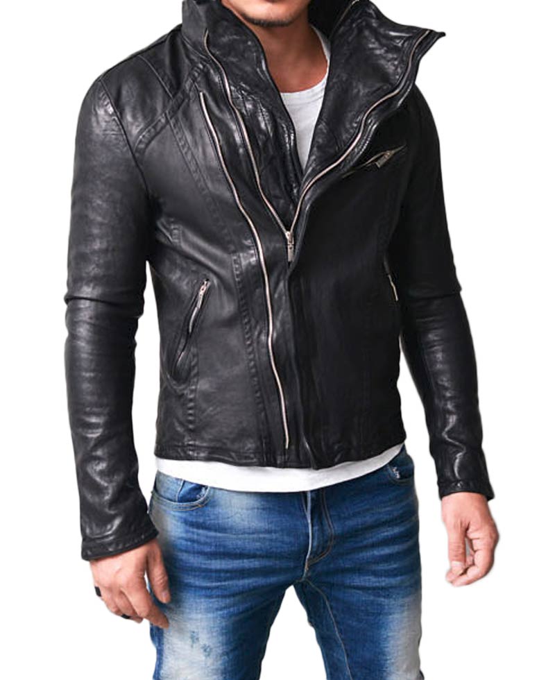 Men's High Neck Wired Asymmetrical Lambskin Leather Jacket