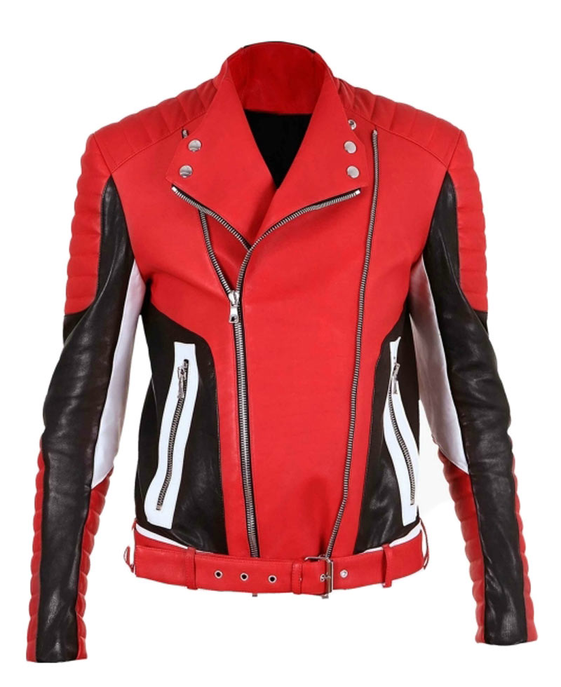 Men's Asymmetrical Zipper Red Leather Quilted Biker Jacket