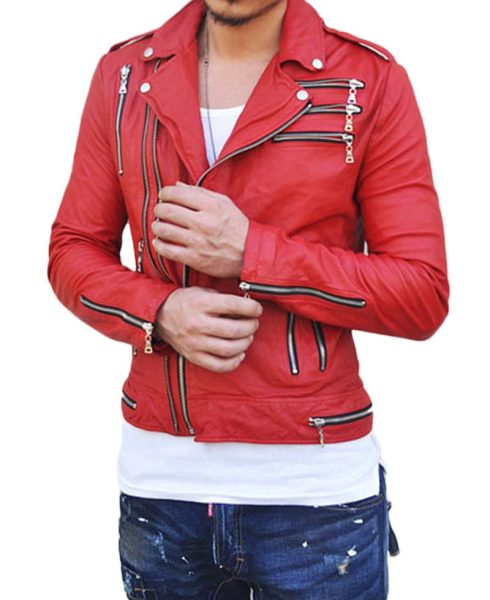 Men's Motorcycle Asymmetrical Zipper Red Leather Jacket